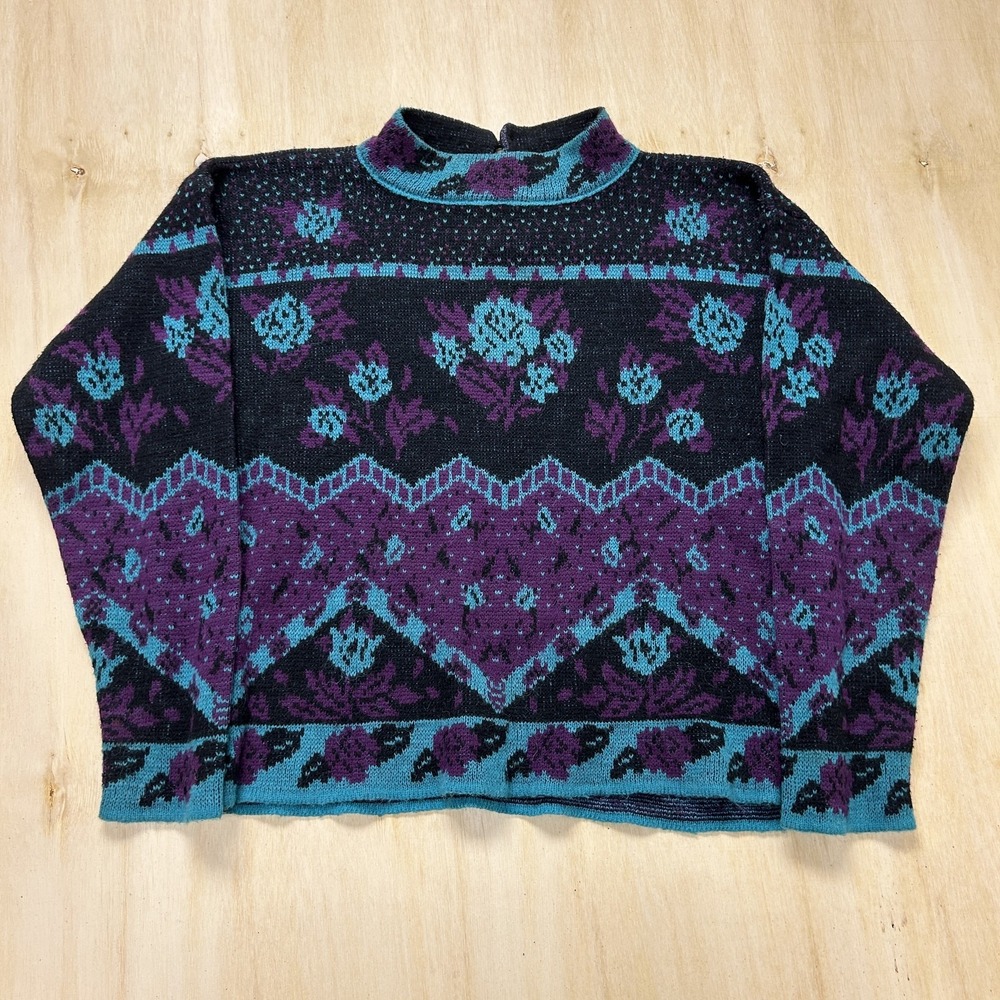 Vintage Mi Ki Sweater Womens Large Black Purple Teal Floral Mock Neck Knit